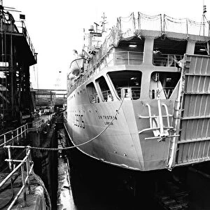 The RFA Sir Tristram in the dry dock at Tyne Shiprepair, Wallsend, for annual refit work