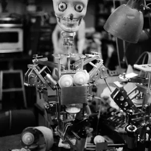 A robot skull awaits the parts which will complete its human look. Japan A robot skull awaits the parts which will complete its human look. Japan