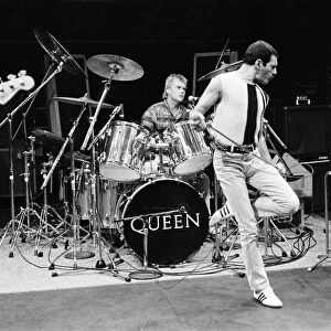 Rock group Queen performing on stage rehearsals for Live Aid at the Shaw Theatre, Euston