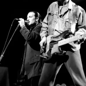 Rock group U2 in concert in USA - May 1987 Bono and Adam Clayton