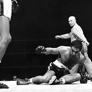 Rocky Marciano Boxer downed in the first round of his heavyweight title fight with Jersey