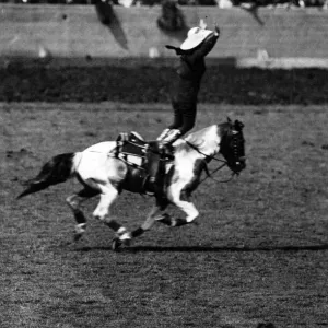 Rodeo cowgirl on a galloping bronco at Wembley. 14th June 1924 Rodeo cowgirl on a galloping bronco at Wembley. 14th June 1924