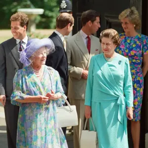 The Royal Family standing outside Clarence House on the 89th Birthday of the Queen Mother