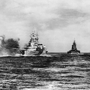 The Royal Navy 32000 ton Renown Class cruiser HMS Renown firing a 15 inch salvo during
