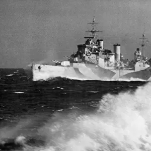 The Royal Navy County Class cruiser HMS London on Atlantic patrol during the Second World