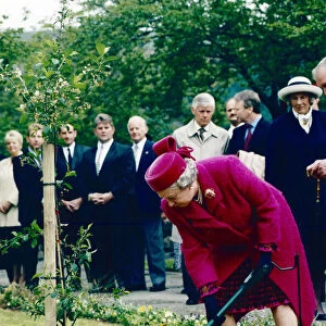 Royal visit, Queen Elizabeth II visiting Wales. Pictured planting a tree a in the village