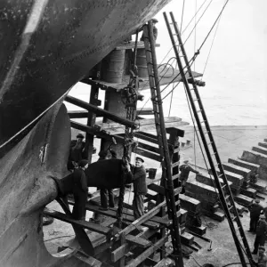 Rudder repairs in progress on a ship on one of the pontoons, Smiths Dock Co. Limited Rudder repairs in progress on a ship on one of the pontoons, Smiths Dock Co. Limited
