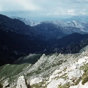 Rugged mountaineous landscape between towns of Dorgali Baunei in Sardinia Italy