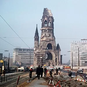 Ruins of Kaiser Wilheim Church war memorial in Berlin Germany circa 1970
