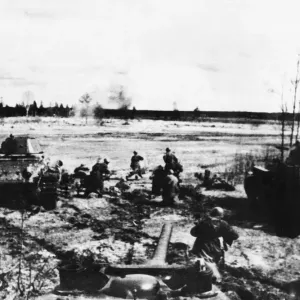 Russian infantry and tanks advance. (Picture) Tanks having blasted the German