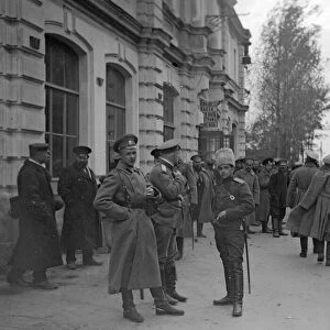 Russian officers gather at the frontier railway station at Radzivilov before the army