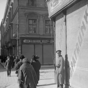 Russian sentry seen here posted to guard a shop in Lemberg following the Russian invasion Russian sentry seen here posted to guard a shop in Lemberg following the Russian invasion