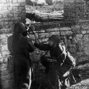 Russian tank destroyers directing their deadly fire at oncoming German tanks during