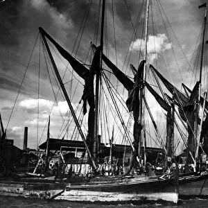 Sailing barge anchorage in the Port of London Wharf August 1930
