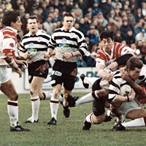 Saints v Widnes Rugby match - John Devereaux well taken out by Paul Loughlin