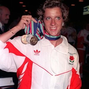 Sally Gunnell with the three medals she won February 1990 in the Commonwealth