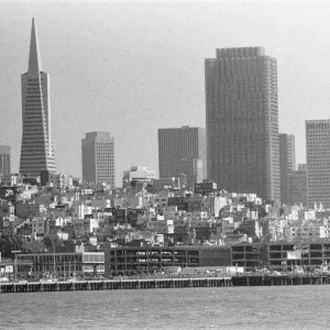 San Francisco skyline as seen from Alcatraz prison. The Transamerica Pyramid (left