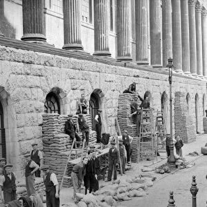 Sandbags being piled up around the Town Hall in Birmingham during the war