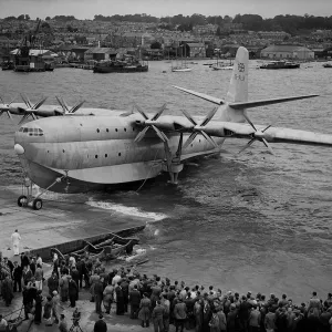 Sanders Roe Princess Flying Boat Aug 1952 is launched down the slipway from it