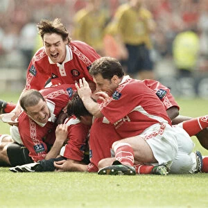 Sasa Ilic Charlton Athletic Goalkeeper May 1998 is swamped by team mates celebrating