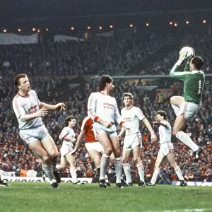 Save by Liverpools goalkeeper, Bruce Grobbelaar. Manchester United 1-1 Liverpool