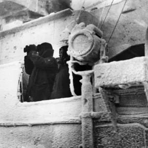 Scene on signal bridge of a British cruiser convoying merchantmen (some of them Russian Scene on signal bridge of a British cruiser convoying merchantmen (some of them Russian