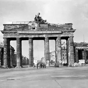 Scenes showing rubble and destruction at the Brandenburg Gate in the German city of