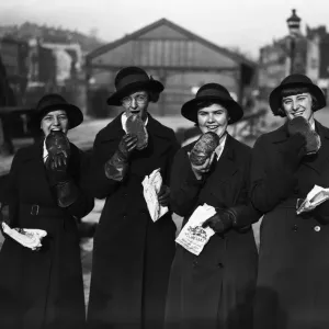 Print of Schoolgirls with a Colston bun, Bristol, 1936