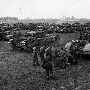 Scottish advance on Tilburg. Churchill tanks, equipped with 95 mm howitzers