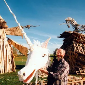 Phil Bews Bonfire Sculptures Print, Birchwood Forest Park 1995