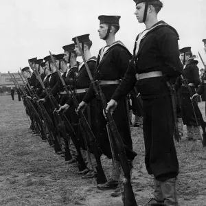 Sea Cadets with bayonets fixed during a 1944 memorial service, Print