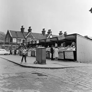 Seafood stalls in Scarborough, North Yorkshire. May 1964
