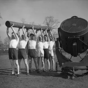Searchlight school, Birmingham. Physical training being given to the soldiers of a Searchlight school, Birmingham. Physical training being given to the soldiers of a