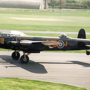 A Second World War Avro Lancaster bomber pictured leaving RAF St Athan after a refit