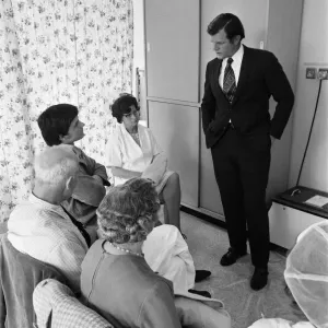 Senator Edward Kennedy seen here chatting to the patients at the medical centre during