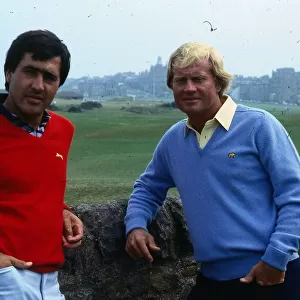Seve Ballesteros with Jack Nicklaus July 1983 St Andrews leaning on wall dry stane