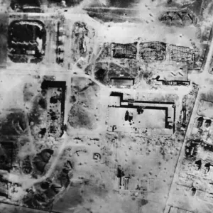 Severe damage to important buildings is shown in this reconnaissance picture after