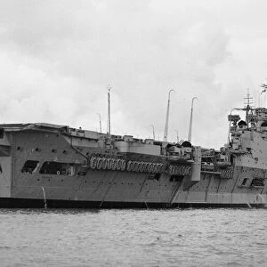 Ships Aircraft Carrier HMS Eagle at anchor in Plymouth Sound. November 1951