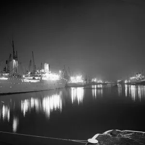 Ships lit up in the strike bound London Docks October 1954 Ships lit up in the strike bound London Docks October 1954