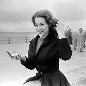 Shirley Anne Field on location at Morecambe where she takes the part of a bathing beauty