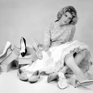 Shoes Shoes Shoes, Sunday People model tries on the latest 1959 footwear fashions