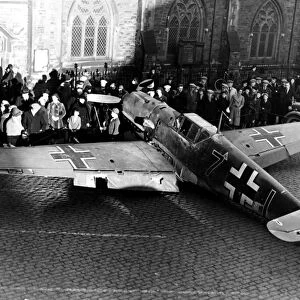 A shot down German Messerschmitt Bf 109 fighter aircraft is put on display in Durham