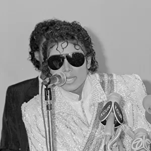 Singer Michael Jackson speaks at a press conference before performing in concert in