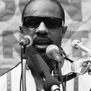 Singer Stevie Wonder addressing the crowd at the GLC London Against Racism rally Singer Stevie Wonder addressing the crowd at the GLC London Against Racism rally