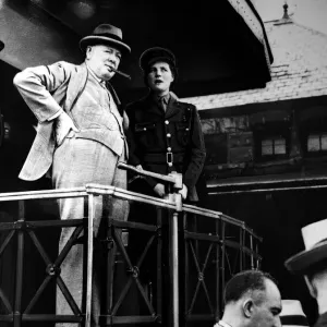 Sir Winston Churchill seen here aborad a railway carriage near Niagara Falls Canada