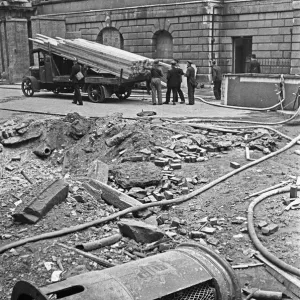A small crater outside The Mansion House in the City of London which was damaged by A small crater outside The Mansion House in the City of London which was damaged by