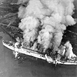 Smoke pouring from The Empress of Scotland ship at Blyth which was destroyed by fire