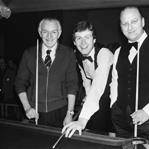 Snooker player Steve Davis (centre) with J. Evans (left) and A. Morrowe