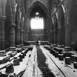 Snow inside Mossley Hill Church, Liverpool, following damage caused by a Nazi raid Snow inside Mossley Hill Church, Liverpool, following damage caused by a Nazi raid