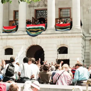 South African President Nelson Mandela addressing the crowds from the balcony of South South African President Nelson Mandela addressing the crowds from the balcony of South